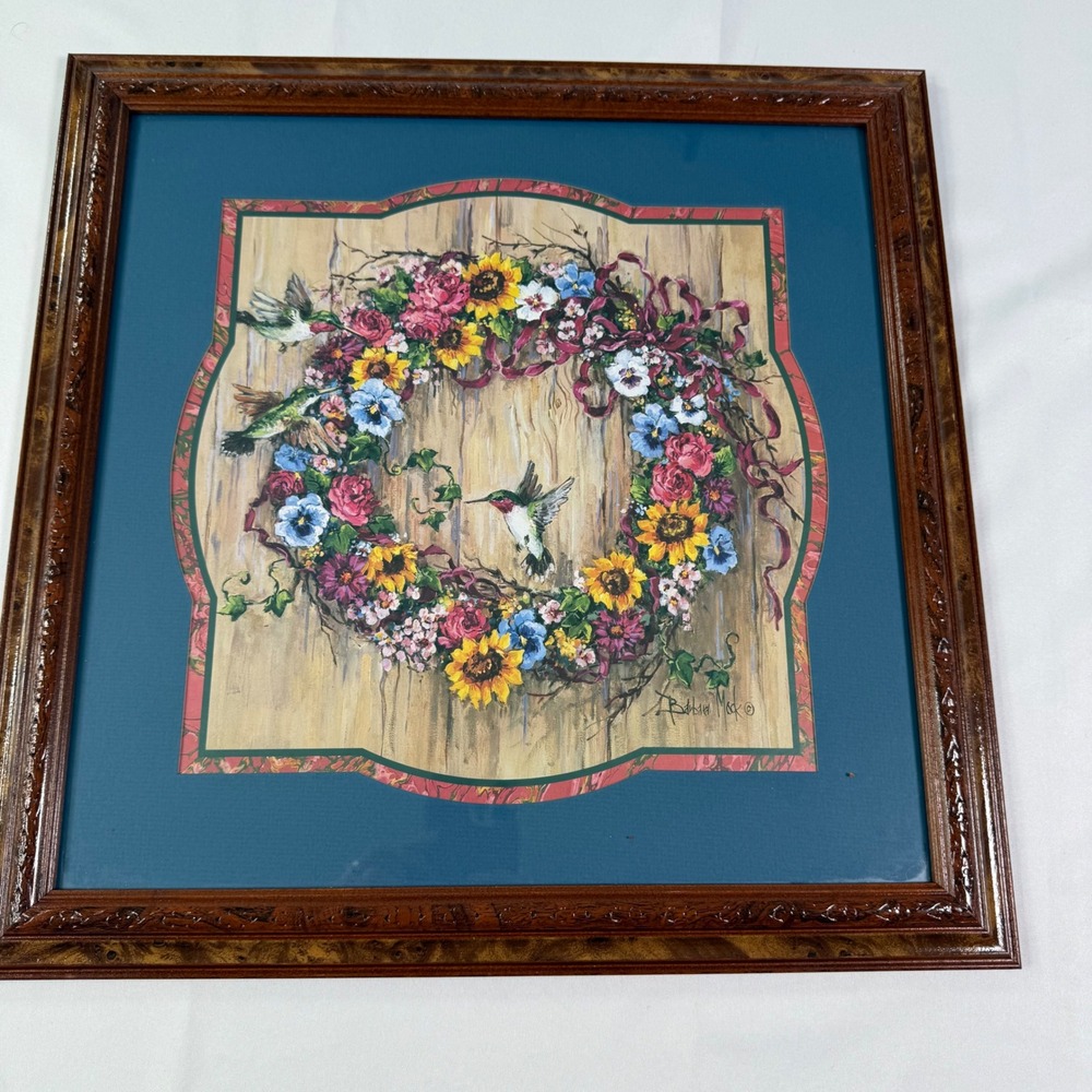 Home Interiors Barbara Mock Hummingbird Floral Wreath Framed Art Print 1133-AO